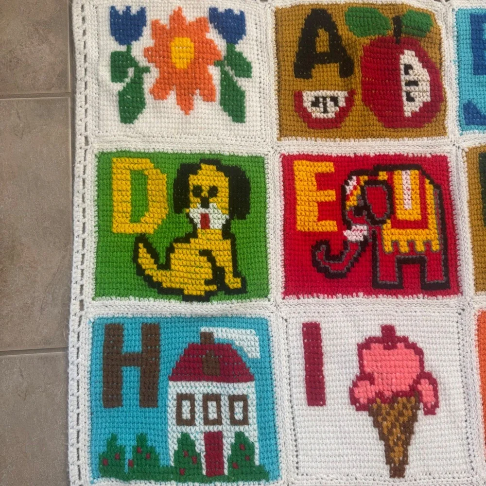 Vintage Handmade Crochet Alphabet ABC Animals Nursery Throw Blanket 41x60